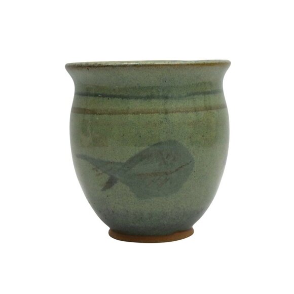 Handmade Green Pottery Bowl Cup Fish Motif Art Pottery - Picture 1 of 5